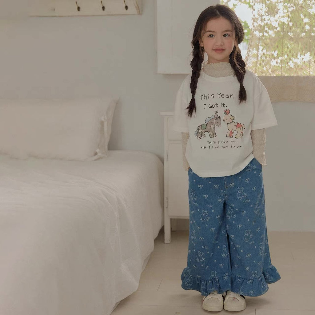 Korean Kidswear Bear Print Ruffle Denim Pants