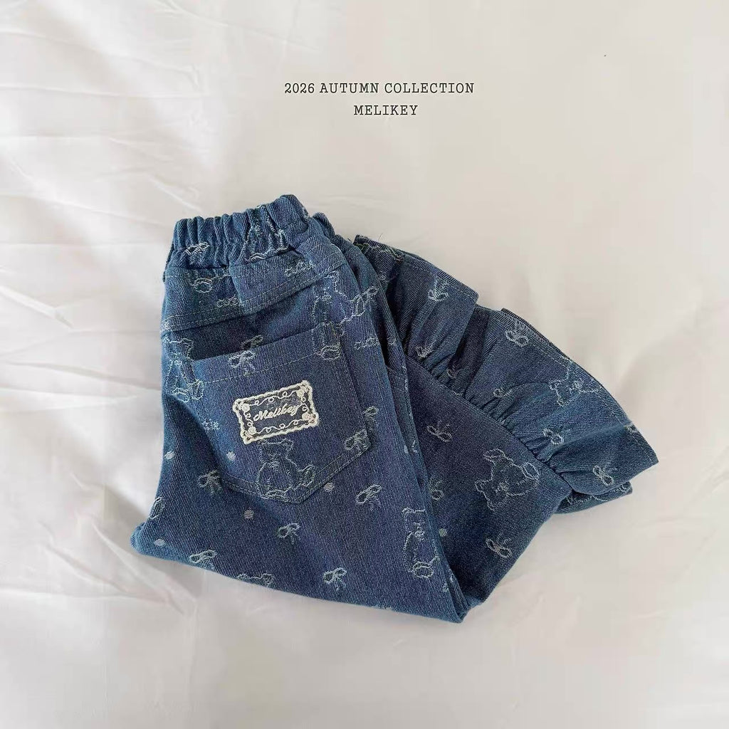 Korean Kidswear Bear Print Ruffle Denim Pants