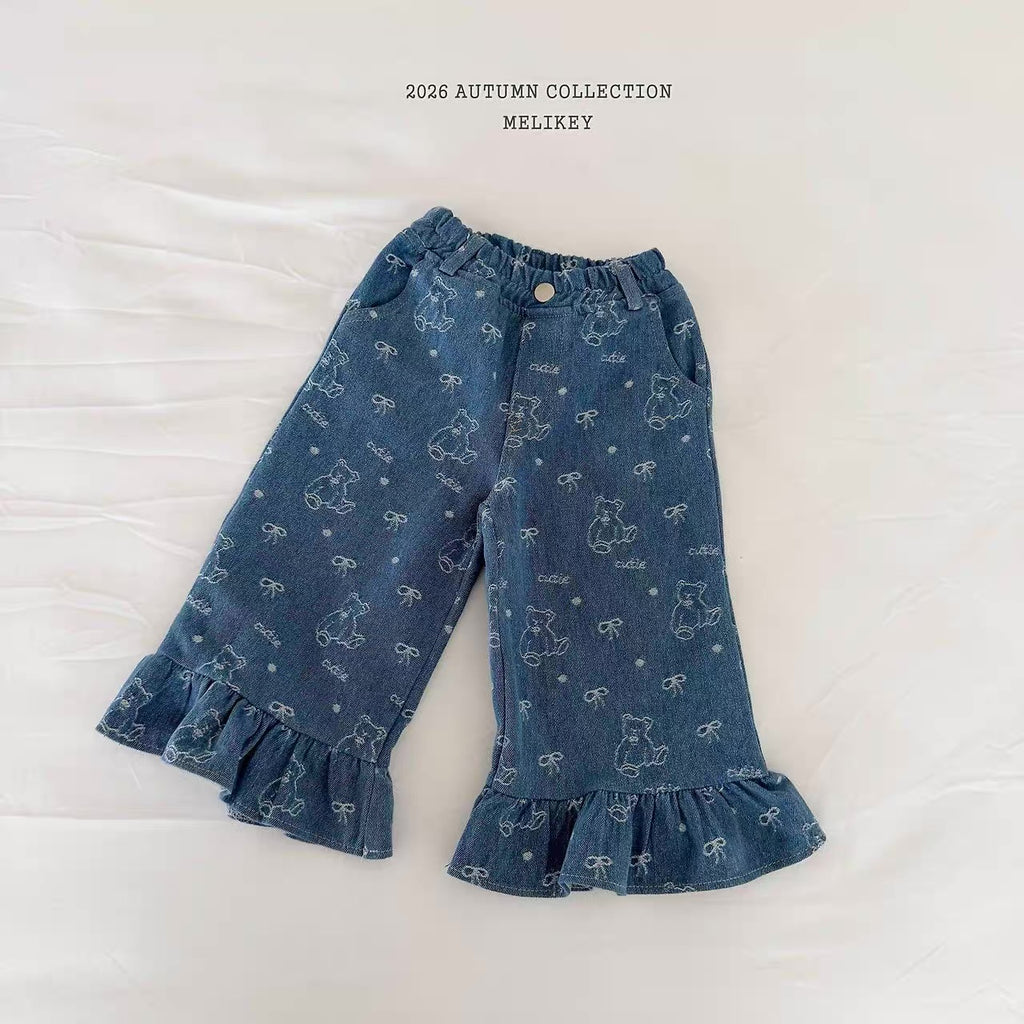 Korean Kidswear Bear Print Ruffle Denim Pants