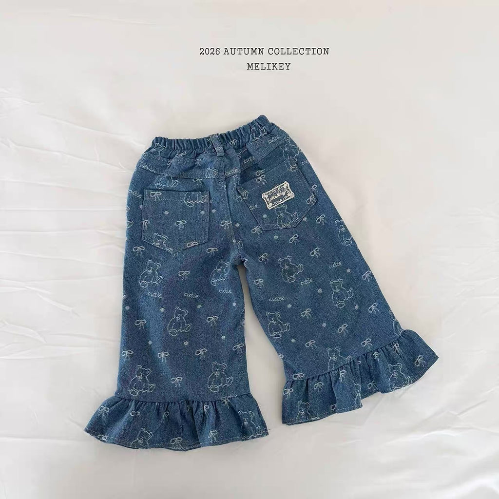 Korean Kidswear Bear Print Ruffle Denim Pants