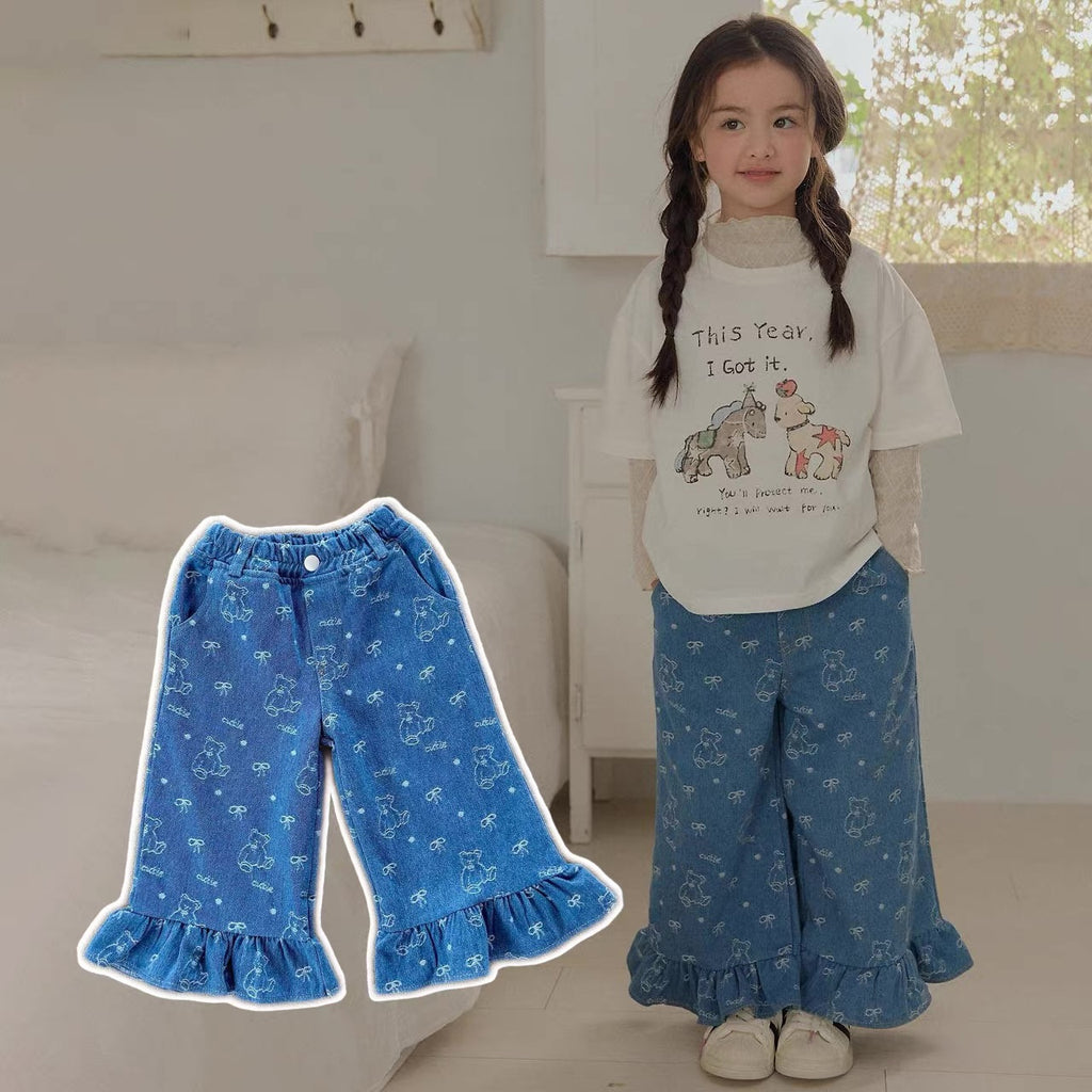 Korean Kidswear Bear Print Ruffle Denim Pants
