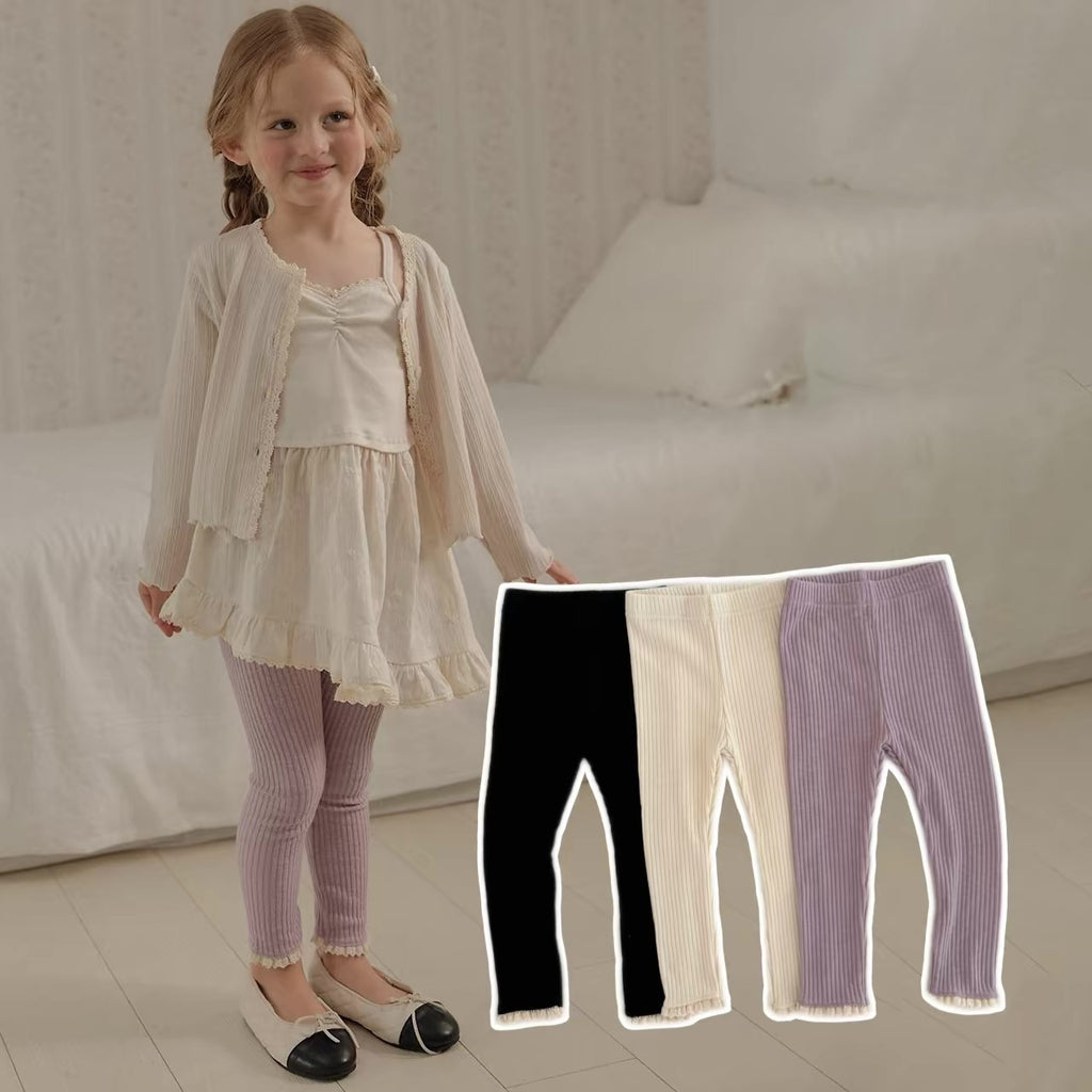Korean Kidswear Lace Trim Ribbed Leggings - 3 Colors