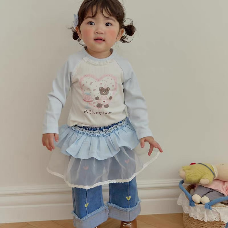 Korean Kidswear Bear Heart Raglan Long Sleeve Top - 2 Colors