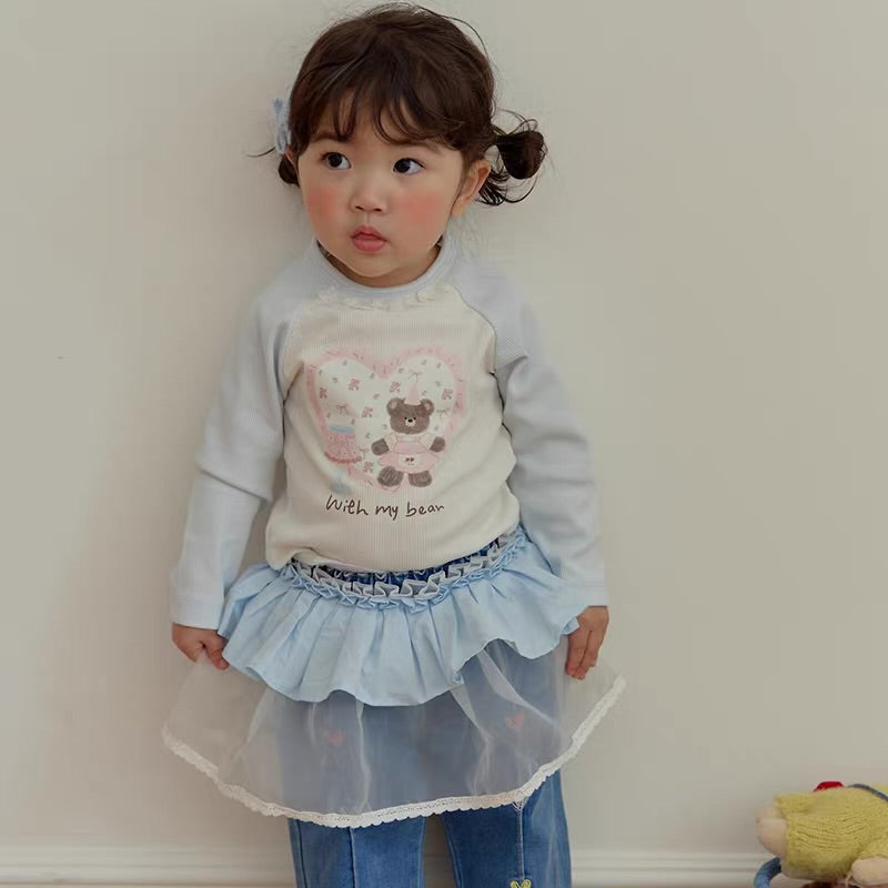Korean Kidswear Bear Heart Raglan Long Sleeve Top - 2 Colors