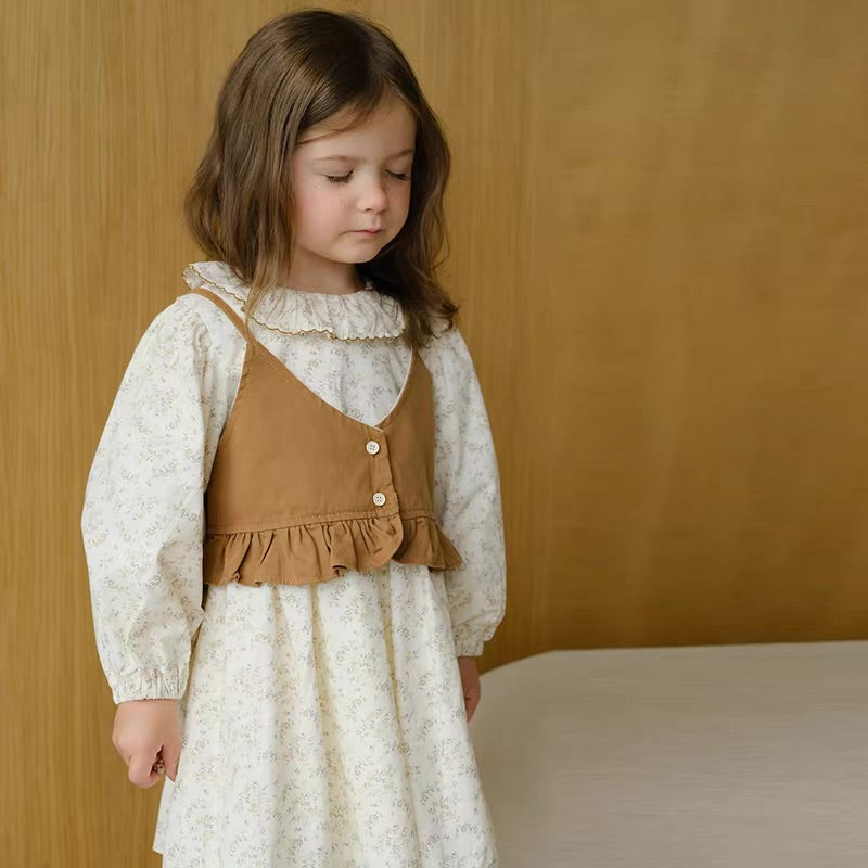 Korean Kidswear Floral Ruffle Dress with Layered Vest