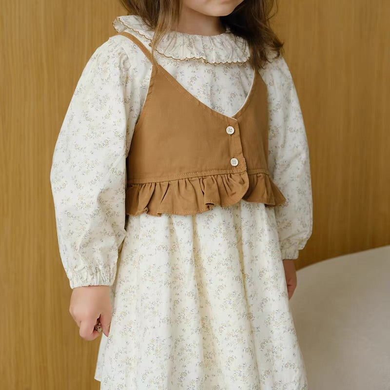 Korean Kidswear Floral Ruffle Dress with Layered Vest