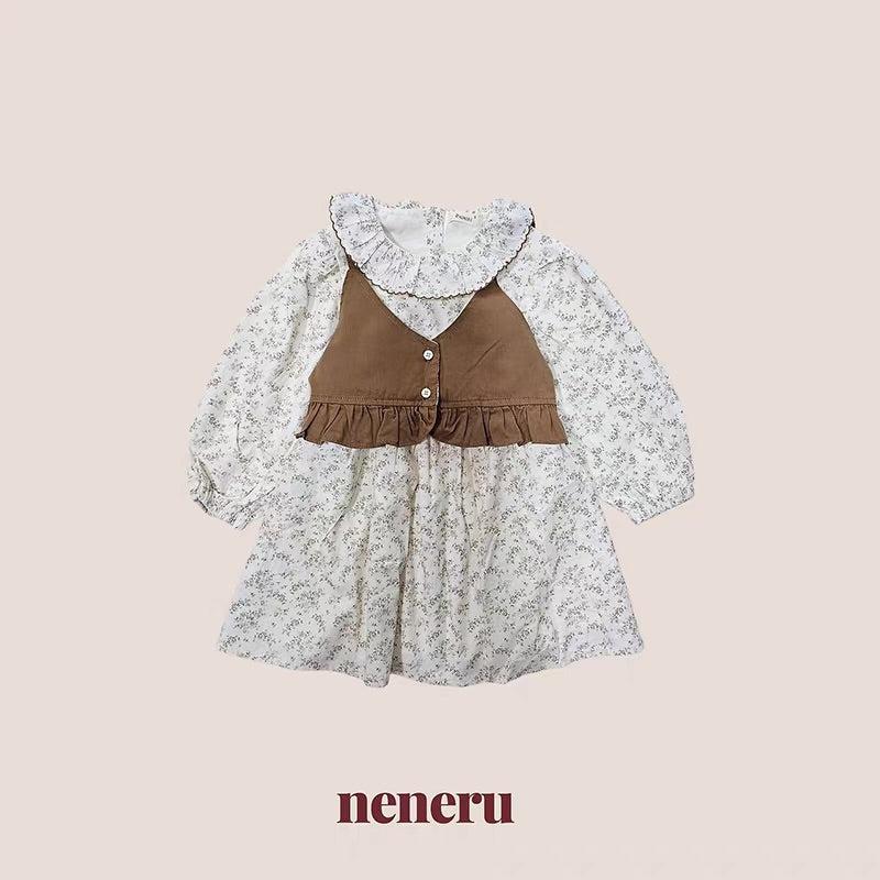 Korean Kidswear Floral Ruffle Dress with Layered Vest