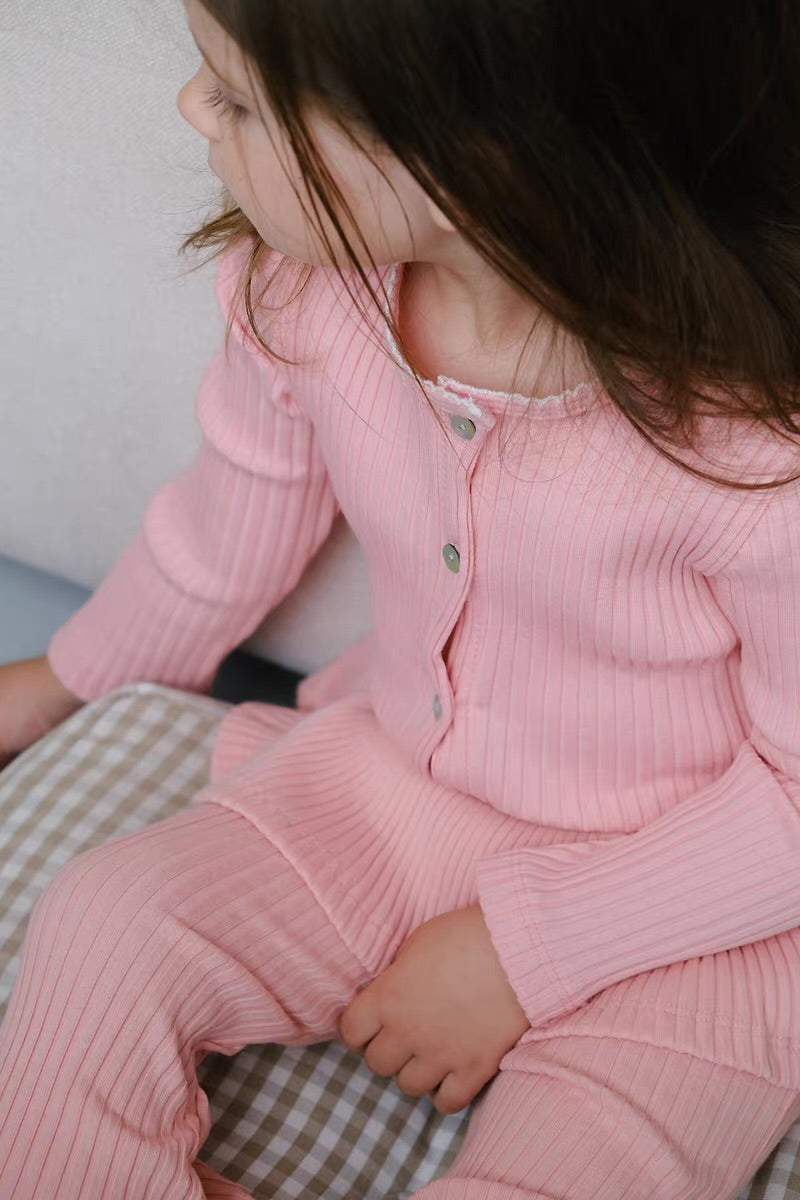 Korean Kidswear Ribbed Ruffle Cardigan - 3 Colors