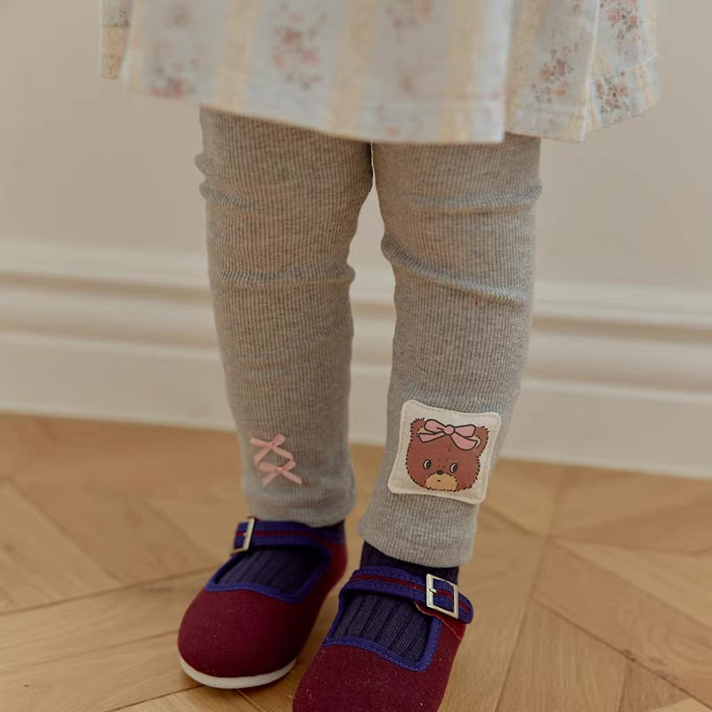 Korean Kidswear Bear Patch Ribbed Leggings