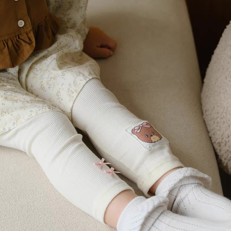 Korean Kidswear Bear Patch Ribbed Leggings