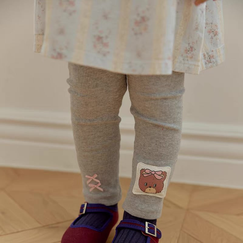 Korean Kidswear Bear Patch Ribbed Leggings