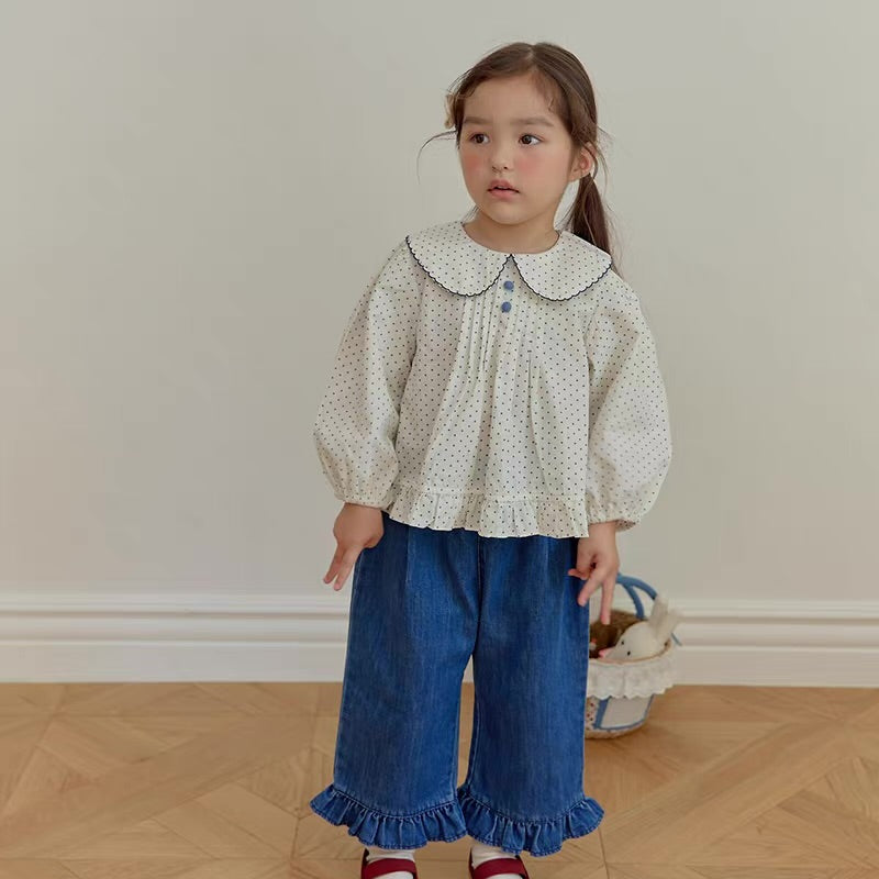 Korean Kidswear Ruffle Hem Wide Leg Denim Pants