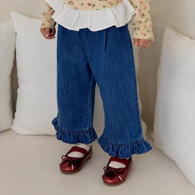 Korean Kidswear Ruffle Hem Wide Leg Denim Pants