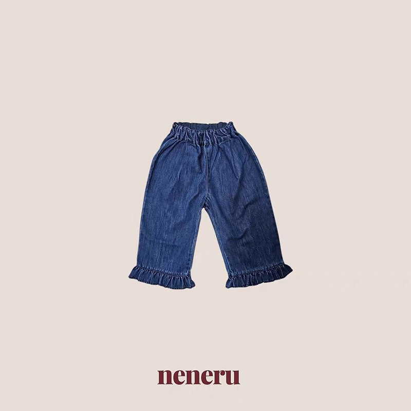Korean Kidswear Ruffle Hem Wide Leg Denim Pants