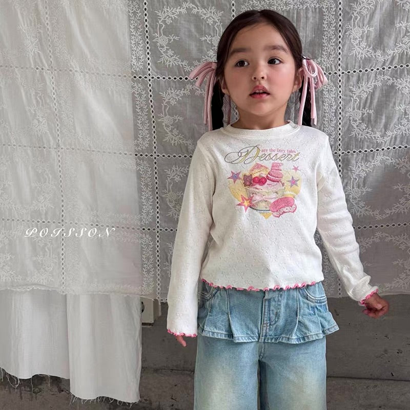 Korean Kidswear | Dessert Graphic Pointelle Long Sleeve Top