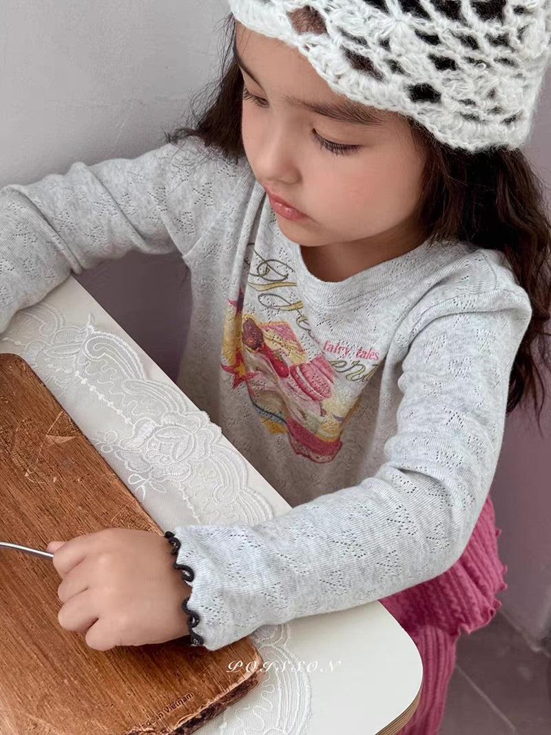 Korean Kidswear | Dessert Graphic Pointelle Long Sleeve Top