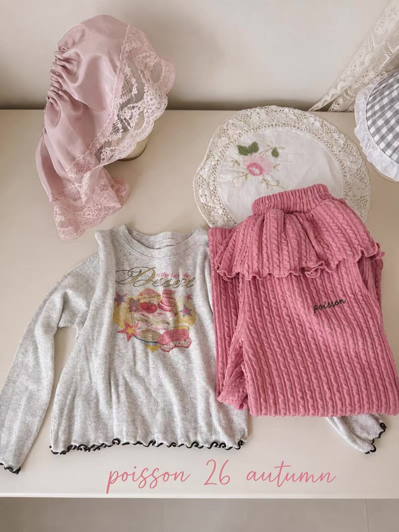 Korean Kidswear | Dessert Graphic Pointelle Long Sleeve Top