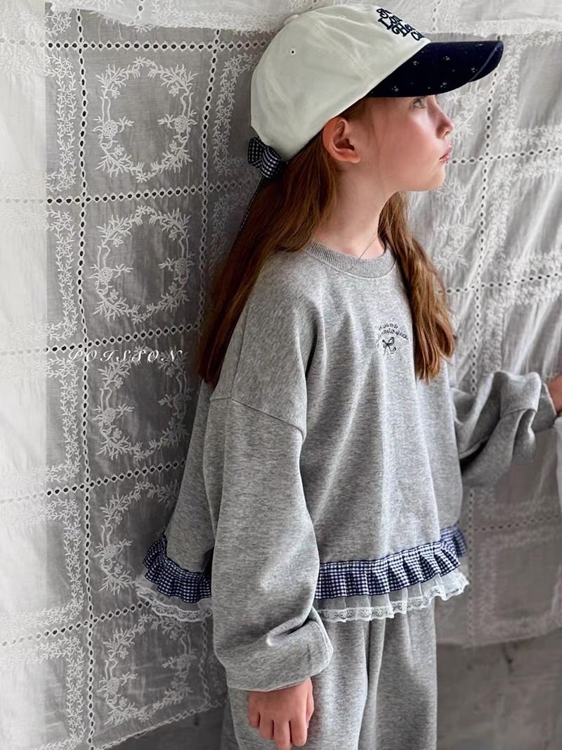 Korean Kidswear | Gingham Lace Ruffle Sweatshirt & Wide Leg Pants Set