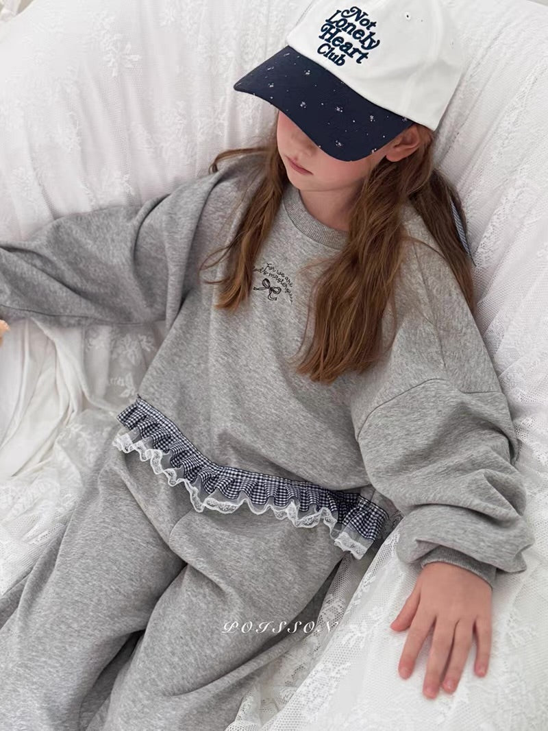 Korean Kidswear | Gingham Lace Ruffle Sweatshirt & Wide Leg Pants Set
