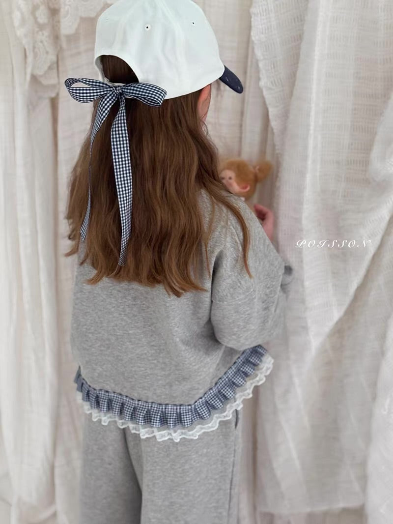 Korean Kidswear | Gingham Lace Ruffle Sweatshirt & Wide Leg Pants Set