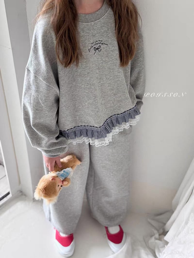Korean Kidswear | Gingham Lace Ruffle Sweatshirt & Wide Leg Pants Set