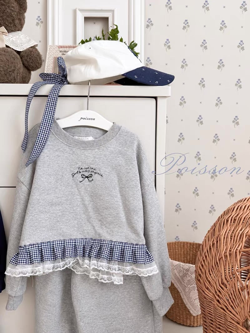 Korean Kidswear | Gingham Lace Ruffle Sweatshirt & Wide Leg Pants Set