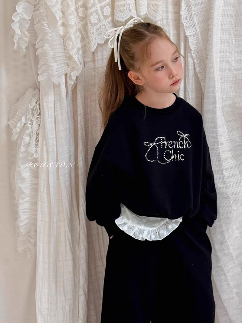 Korean Kidswear | French Chic Rhinestone Sweatshirt & Wide Leg Pants Set