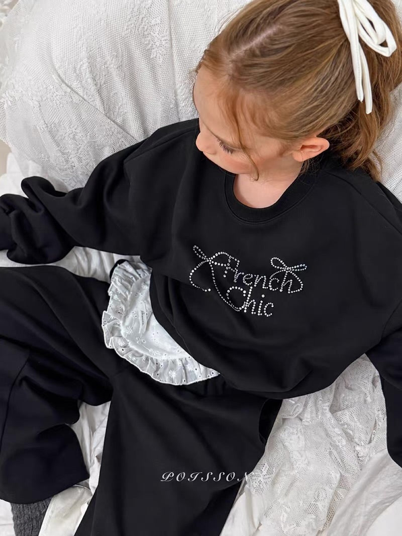 Korean Kidswear | French Chic Rhinestone Sweatshirt & Wide Leg Pants Set