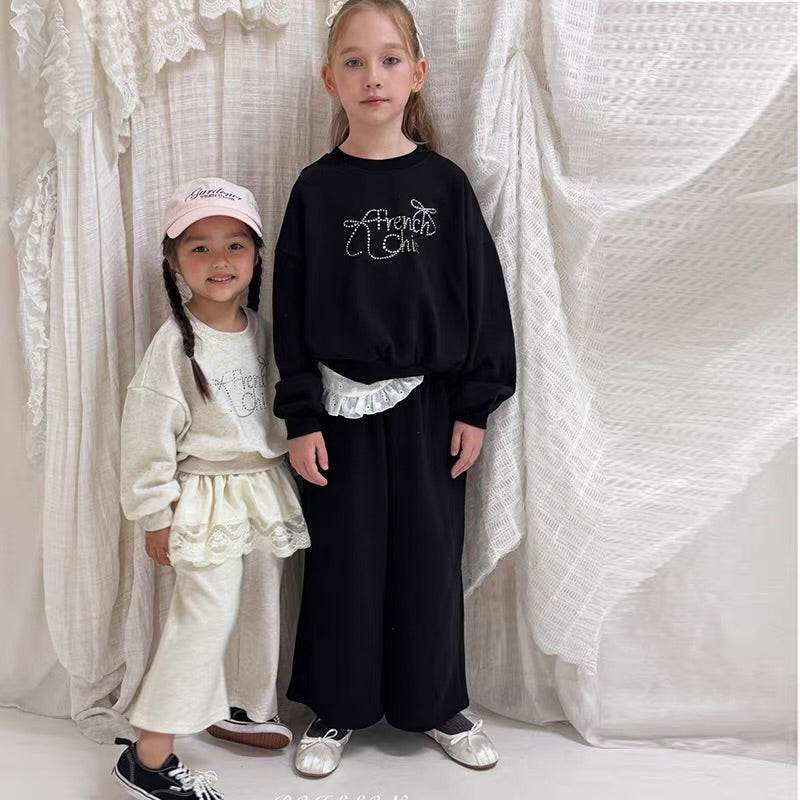 Korean Kidswear | French Chic Rhinestone Sweatshirt & Wide Leg Pants Set