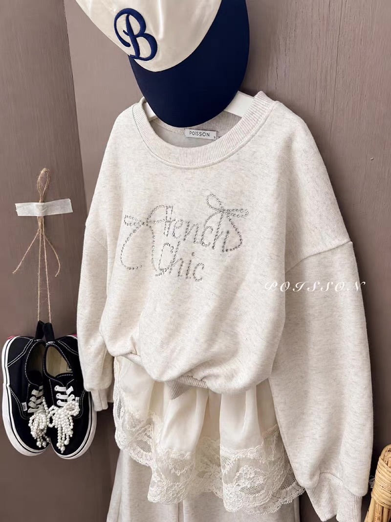 Korean Kidswear | French Chic Rhinestone Sweatshirt & Wide Leg Pants Set