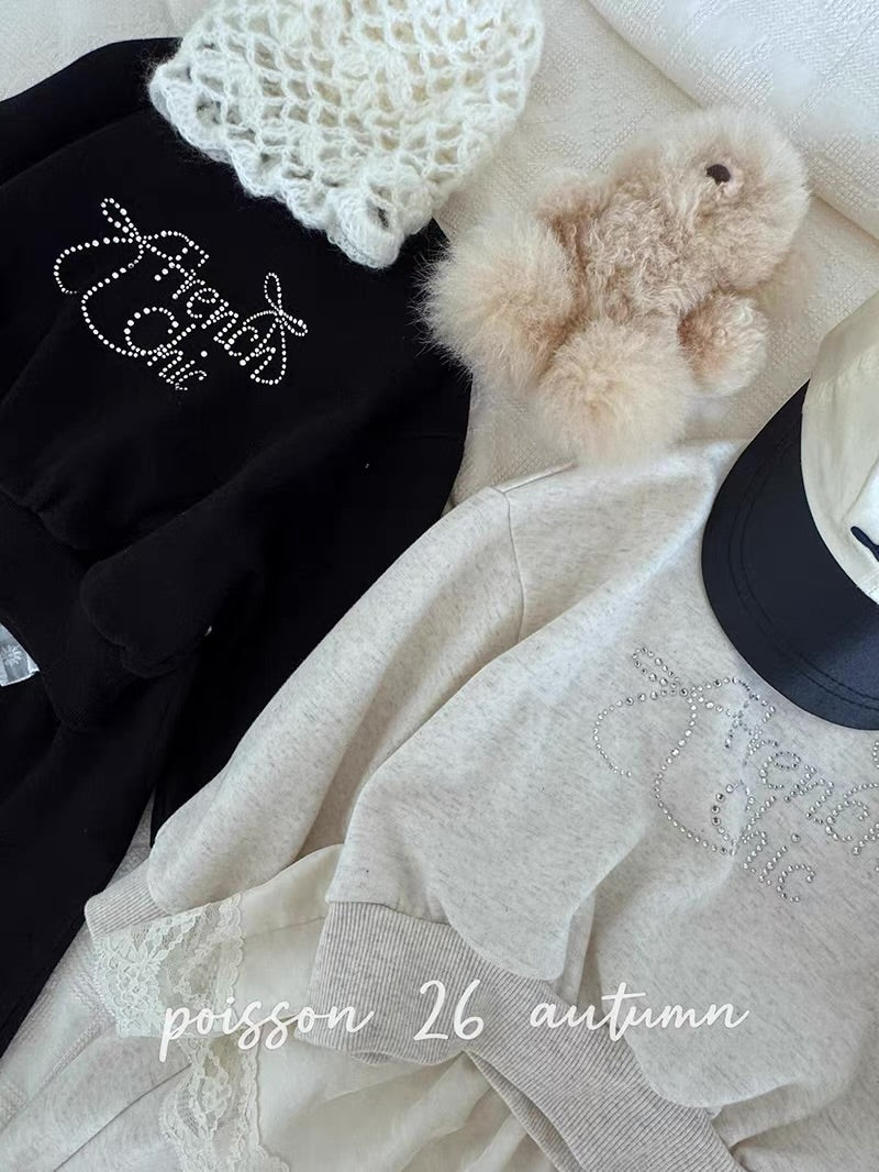 Korean Kidswear | French Chic Rhinestone Sweatshirt & Wide Leg Pants Set