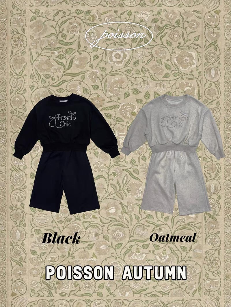 Korean Kidswear | French Chic Rhinestone Sweatshirt & Wide Leg Pants Set
