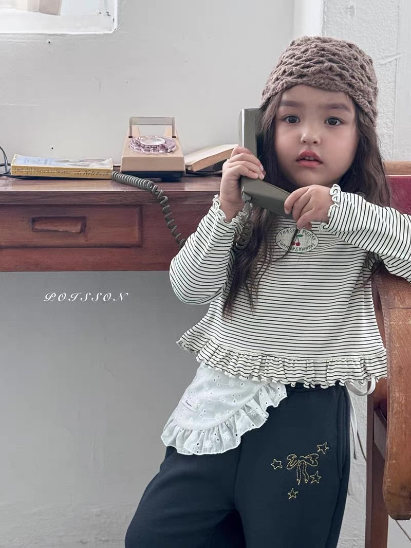 Korean Kidswear | Cherry Stripe Ruffle Long Sleeve Top