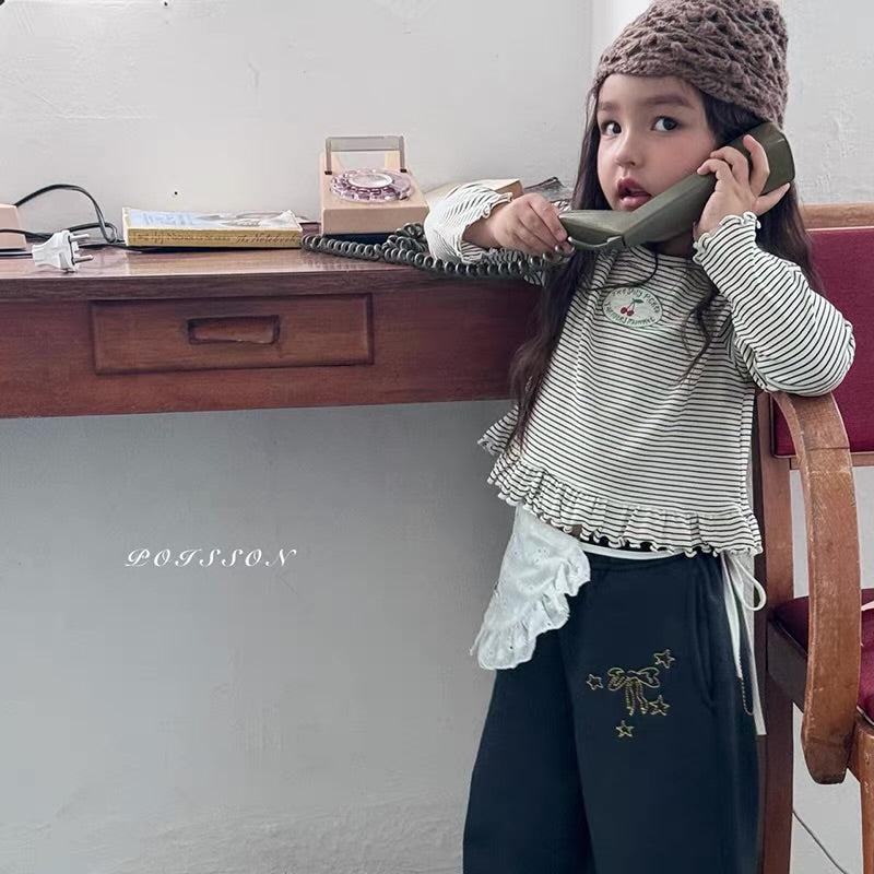 Korean Kidswear | Cherry Stripe Ruffle Long Sleeve Top