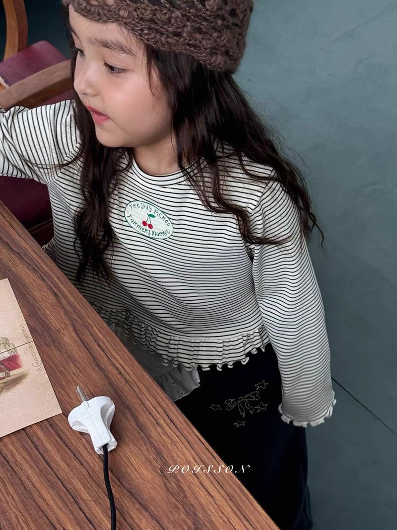 Korean Kidswear | Cherry Stripe Ruffle Long Sleeve Top