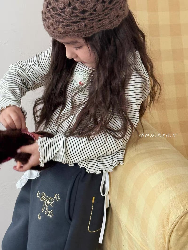 Korean Kidswear | Cherry Stripe Ruffle Long Sleeve Top