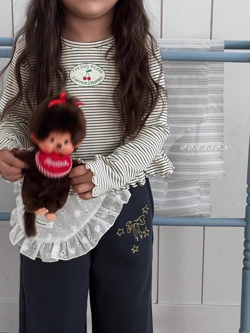 Korean Kidswear | Cherry Stripe Ruffle Long Sleeve Top