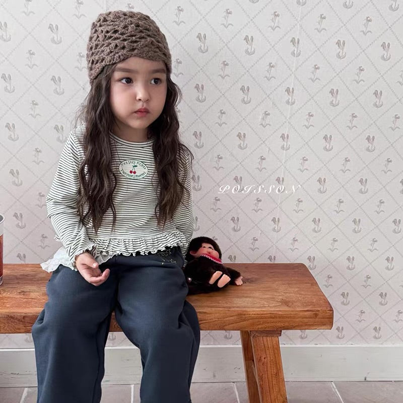 Korean Kidswear | Cherry Stripe Ruffle Long Sleeve Top