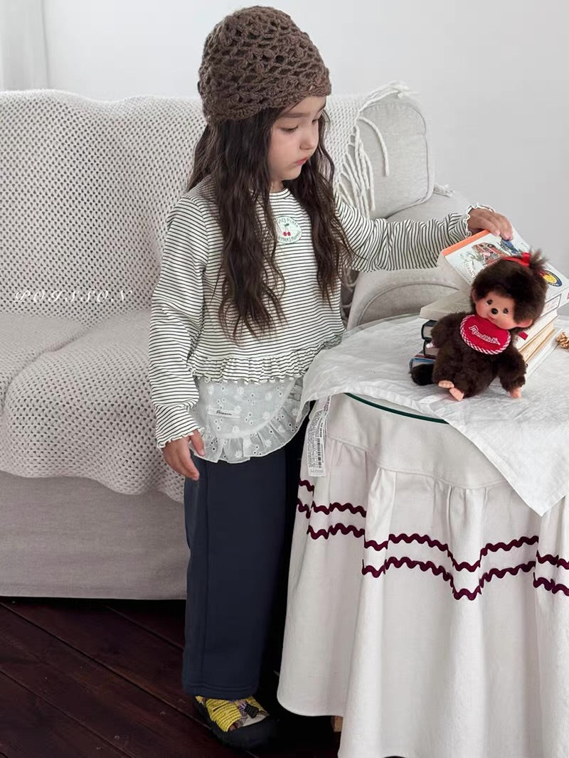 Korean Kidswear | Cherry Stripe Ruffle Long Sleeve Top