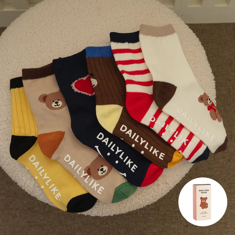 Korean Kidswear | Teddy Bear Non-Slip Kids Socks 6-Pack Gift Set