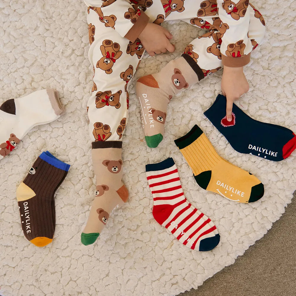 Korean Kidswear | Teddy Bear Non-Slip Kids Socks 6-Pack Gift Set