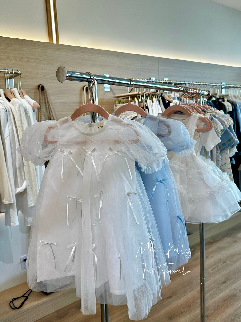 Mini Kelly white and blue bow tulle dresses